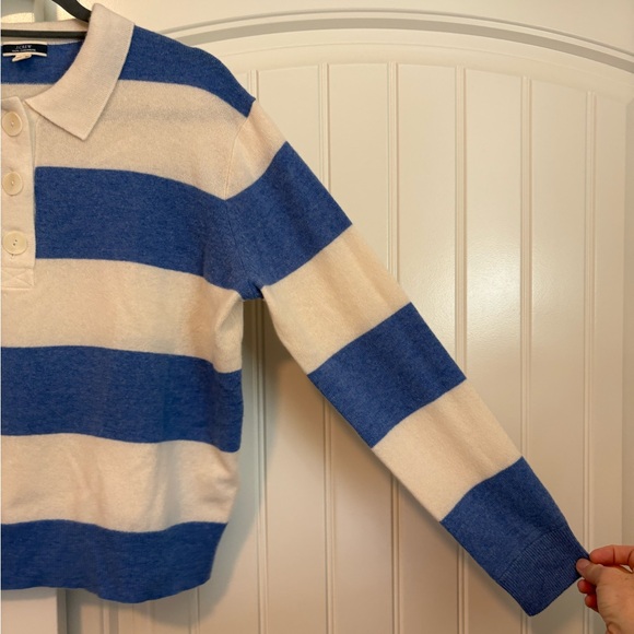 J. Crew 100% cashmere blue white rugby stripe sweater size medium - Picture 5 of 8